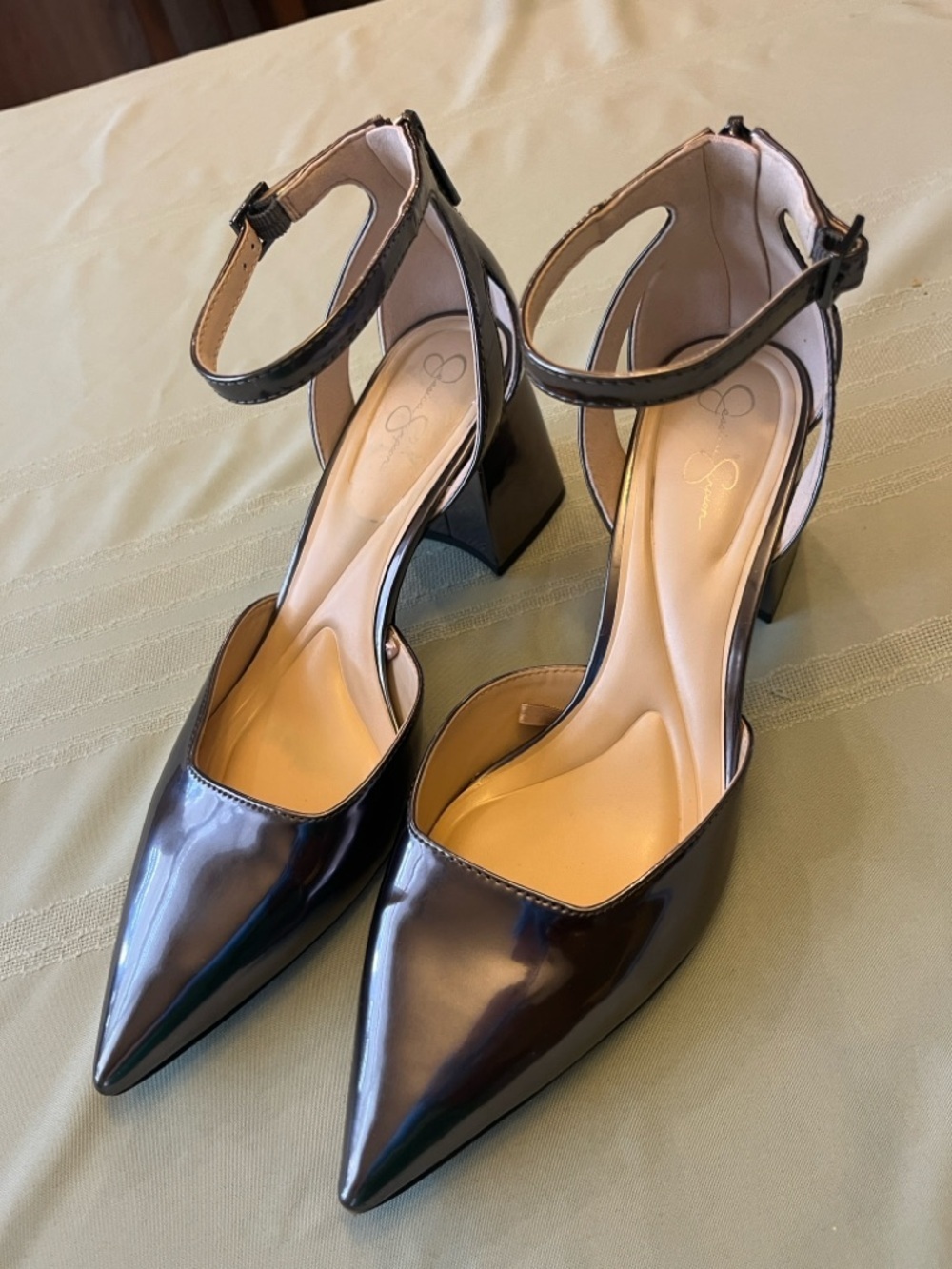 Jessica Simpson Black Patent Pointed-Toe Ankle-Strap Block Heels